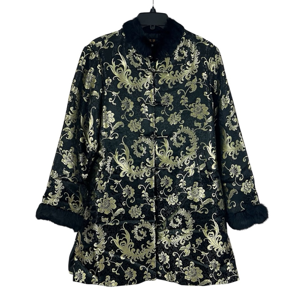 Vintage Silk Gold Brocade Fur Trim Asian Frog Closure Kimono Swing Jacket
